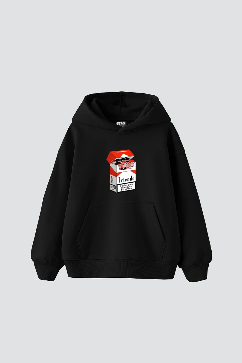 Friends Smoke Baskılı Oversize Unisex Siyah Hoodie