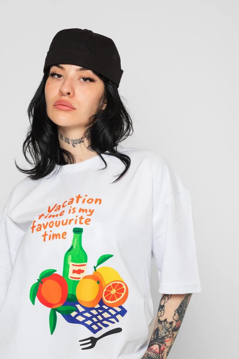 Fruits Baskılı Oversize Unisex Beyaz Tshirt