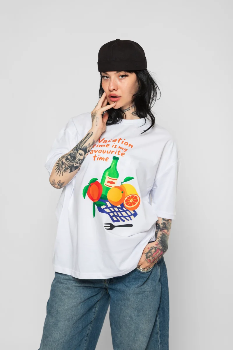 Fruits Baskılı Oversize Unisex Beyaz Tshirt