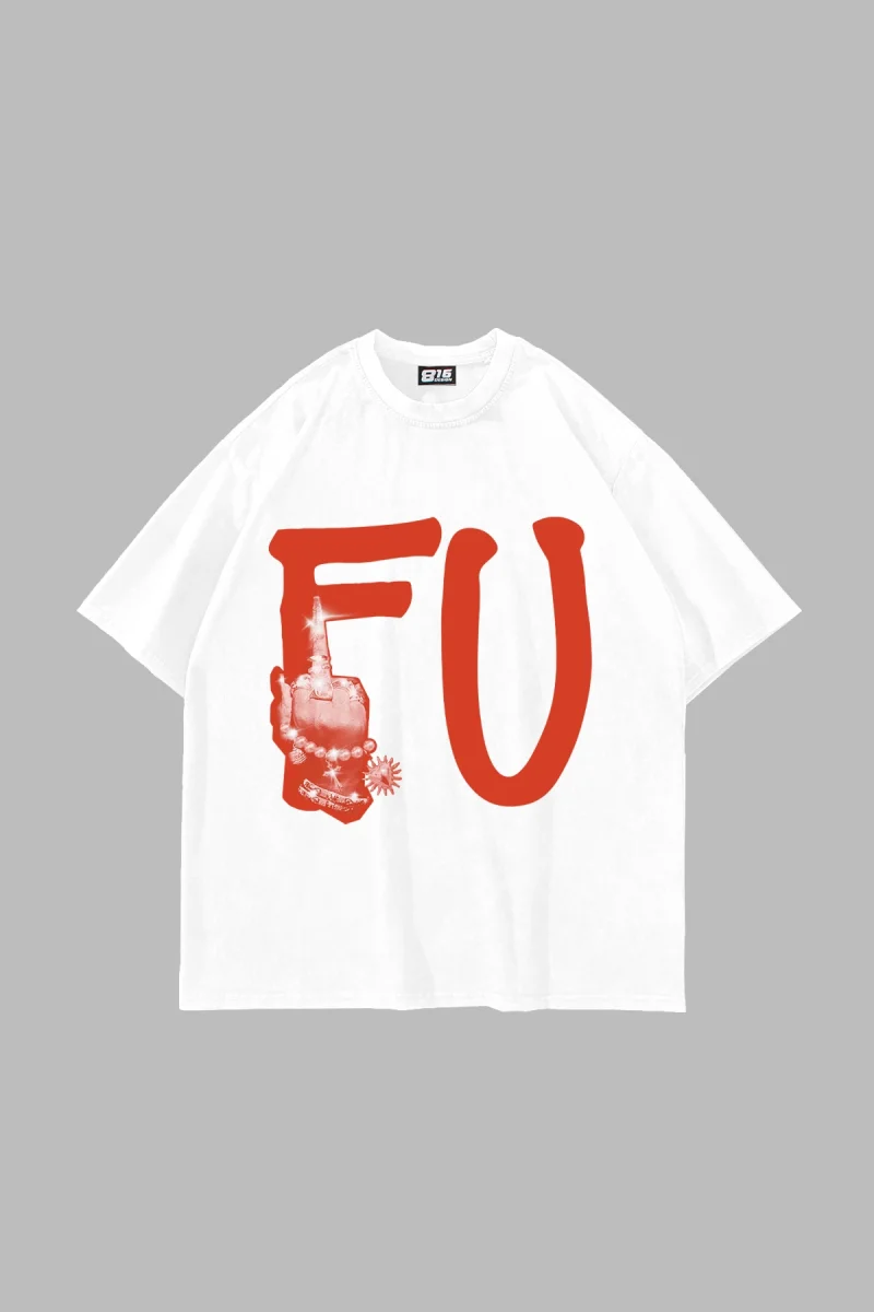 FU. Baskılı Oversize Unisex Beyaz Tshirt
