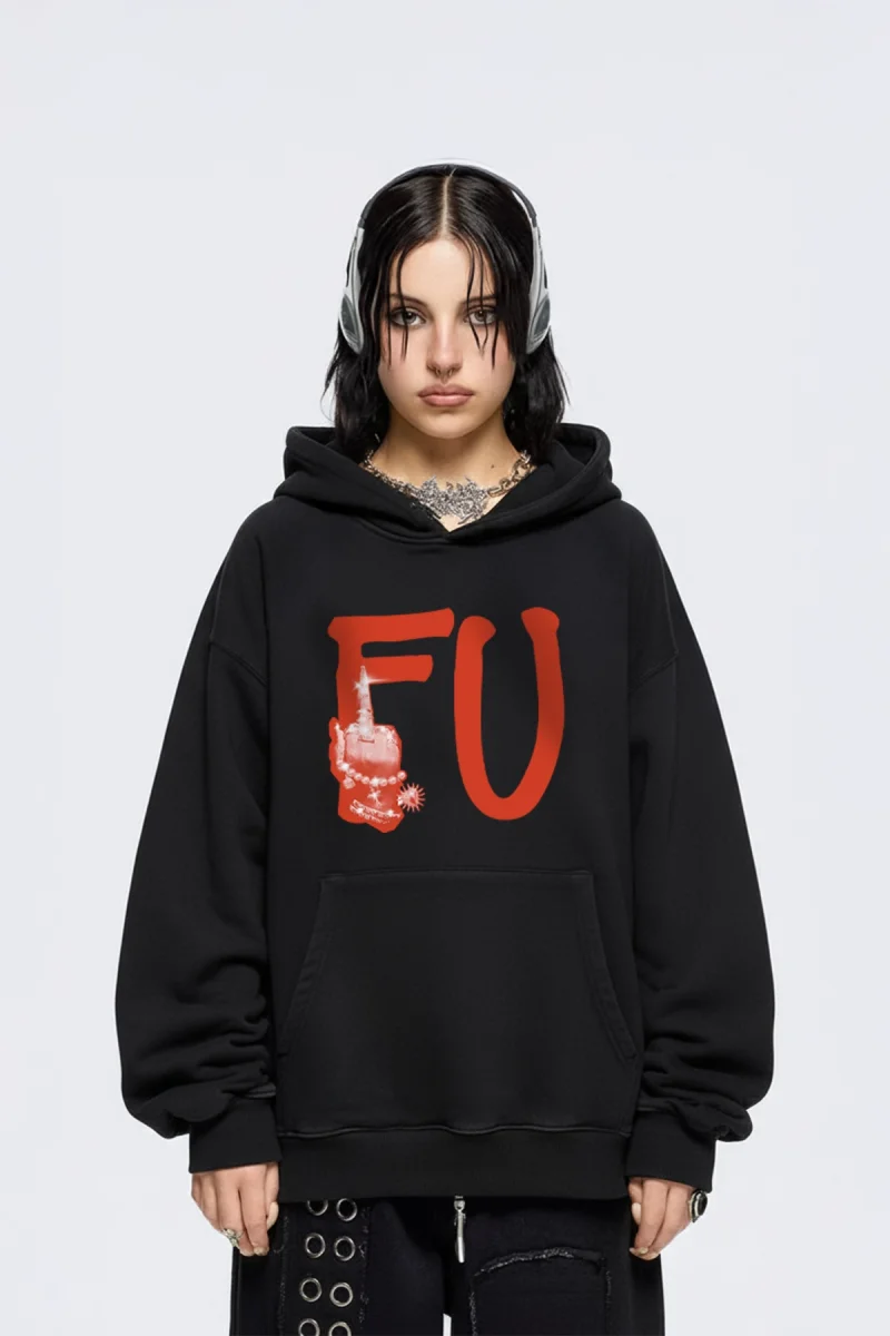 FU. Baskılı Oversize Unisex Siyah Hoodie