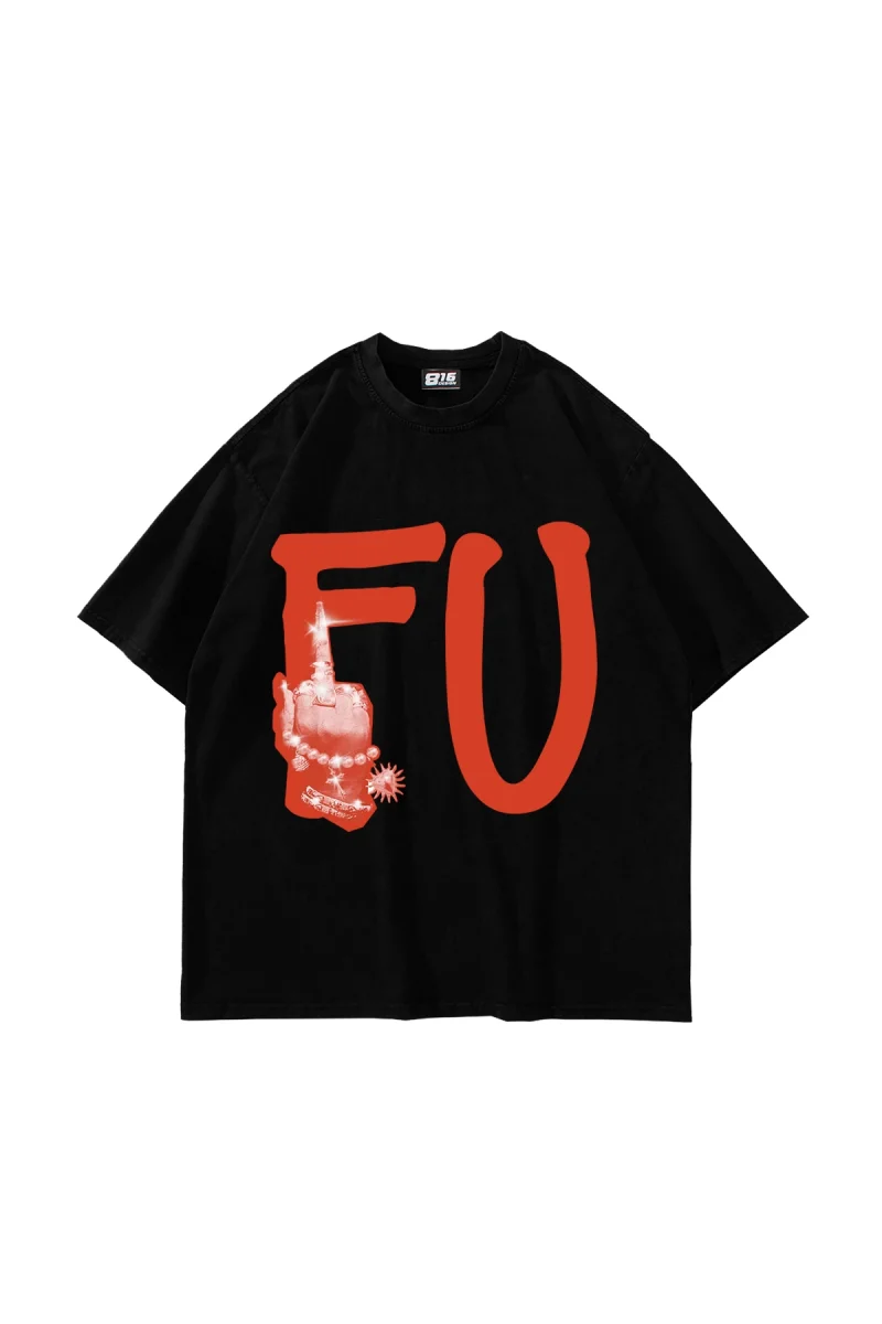 FU. Baskılı Oversize Unisex Siyah Tshirt