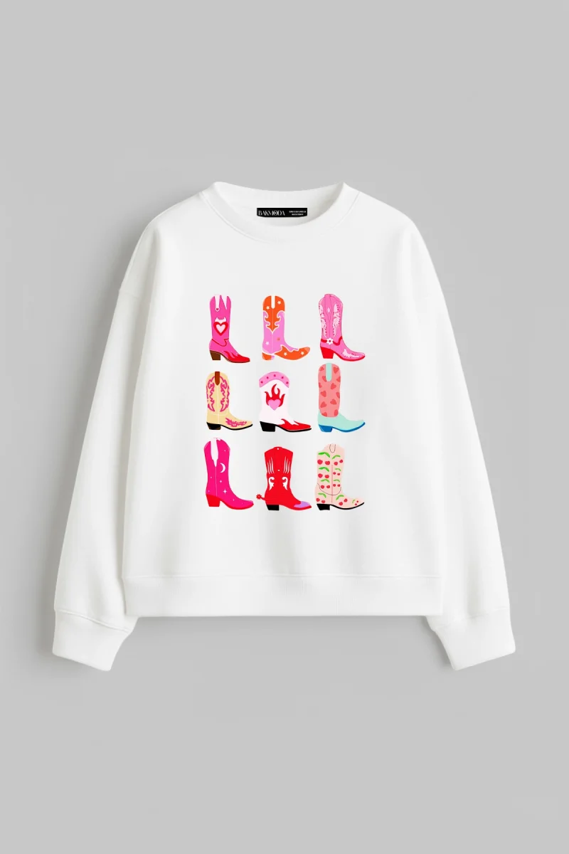 Fun Cowboy Baskılı Kapüşonsuz Relaxed Fit Kadın Beyaz Sweatshirt
