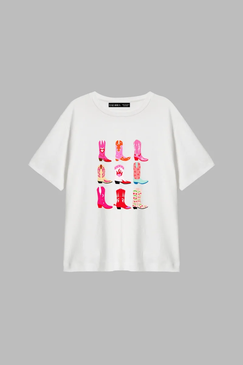 Fun Cowboy Baskılı Relaxed Fit Beyaz Kadın Tshirt