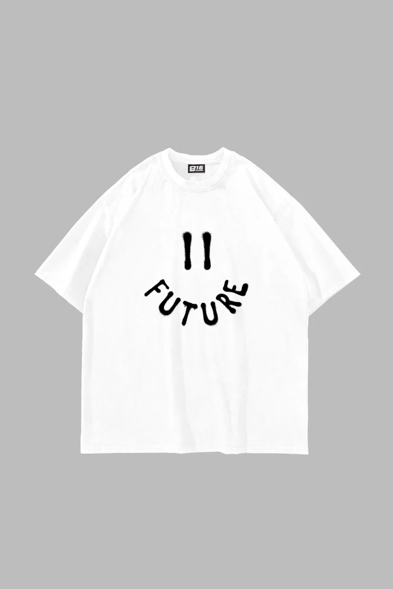 Future Smıle Baskılı Oversize Unisex Beyaz Tshirt