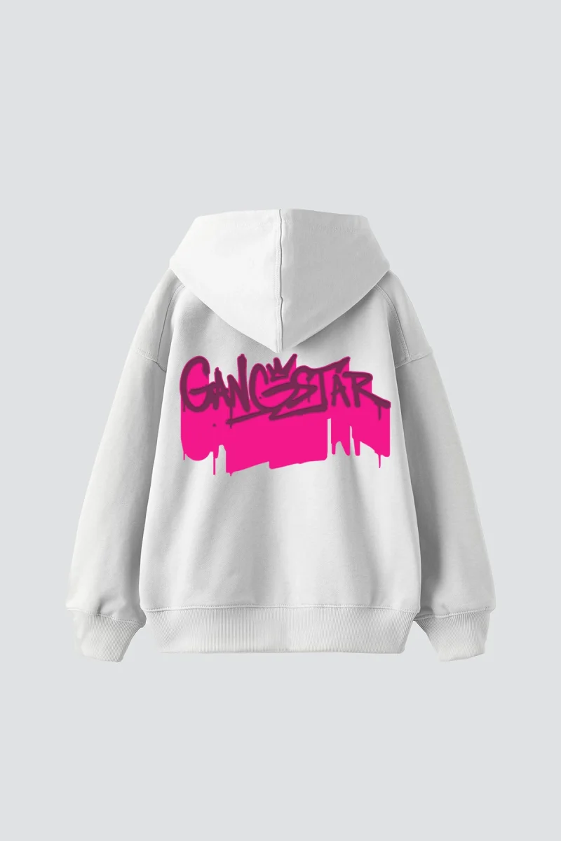 Gangstar Baskılı Oversize Unisex Beyaz Hoodie