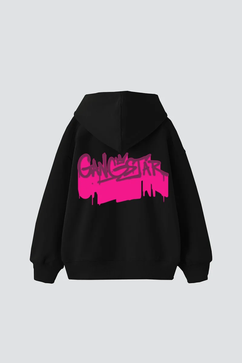 Gangstar Baskılı Oversize Unisex Siyah Hoodie