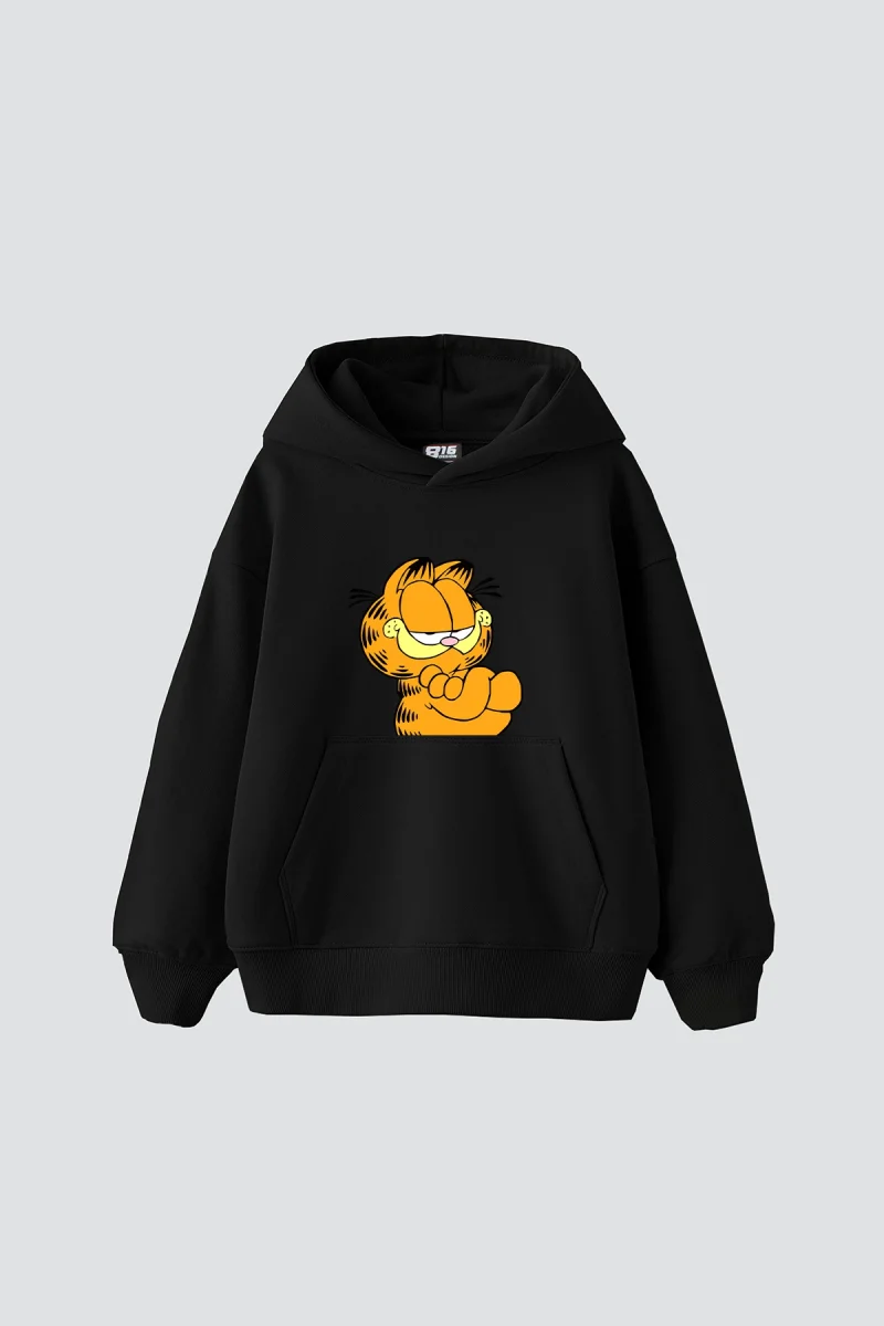Garfield Baskılı Oversize Unisex Siyah Hoodie