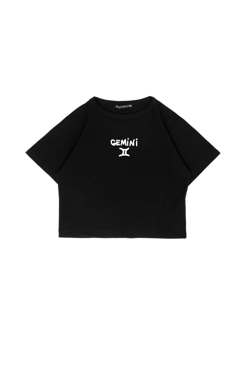 Gemini Baskılı Siyah Crop Top
