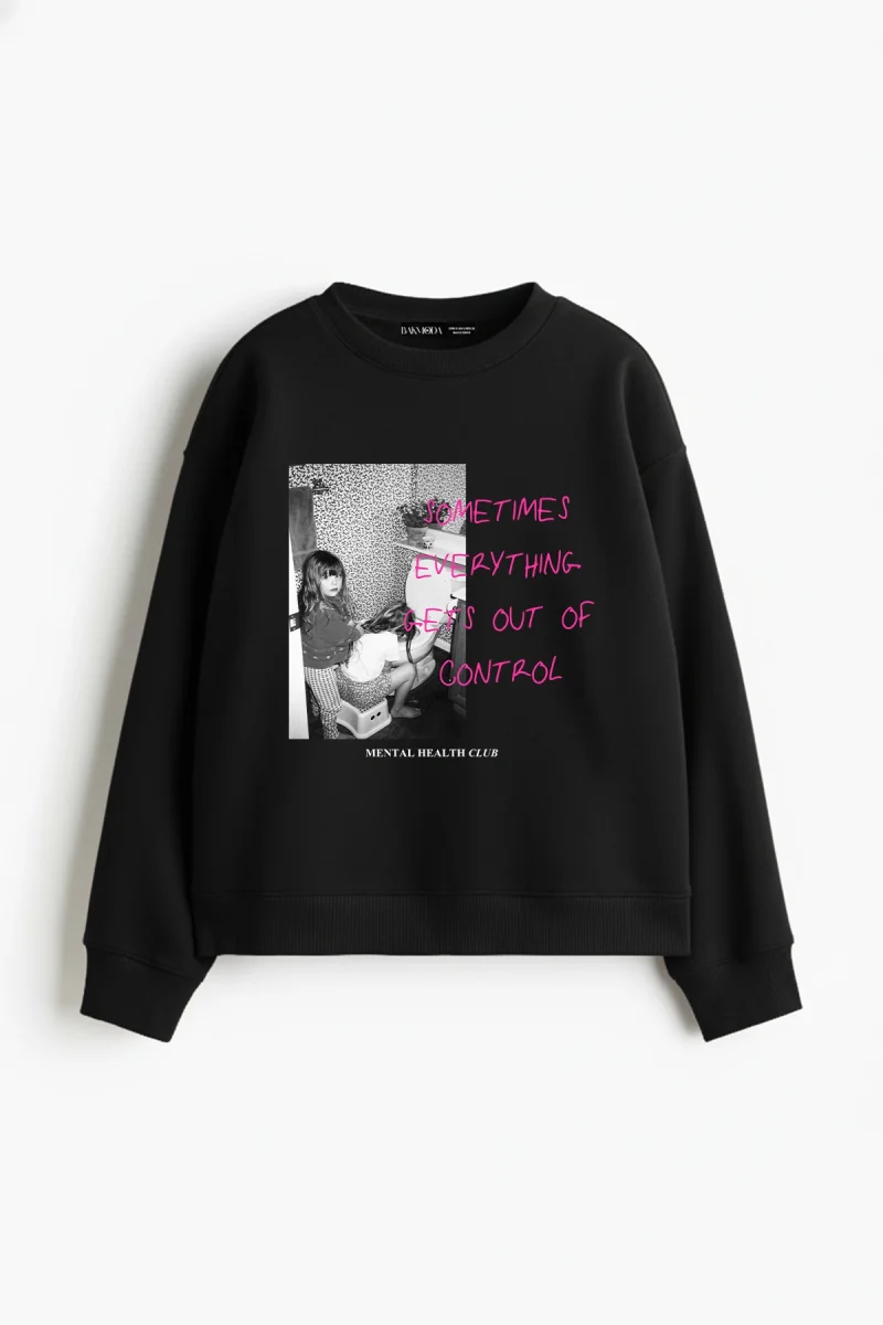 Gets Out Of Control Baskılı Kapüşonsuz Relaxed Fit Kadın Siyah Sweatshirt