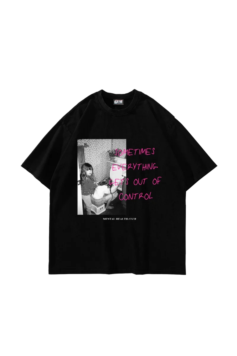 Gets Out Of Control Vintage Baskılı Oversize Unisex Siyah Tshirt