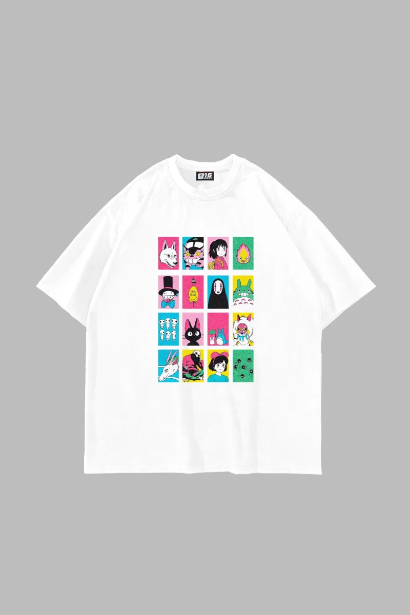 Ghibli Baskılı Oversize Unisex Beyaz Tshirt