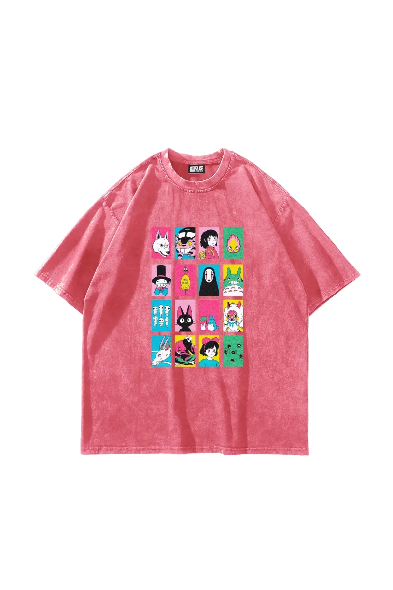 Ghibli Baskılı Oversize Unisex Yıkamalı Pembe Tshirt