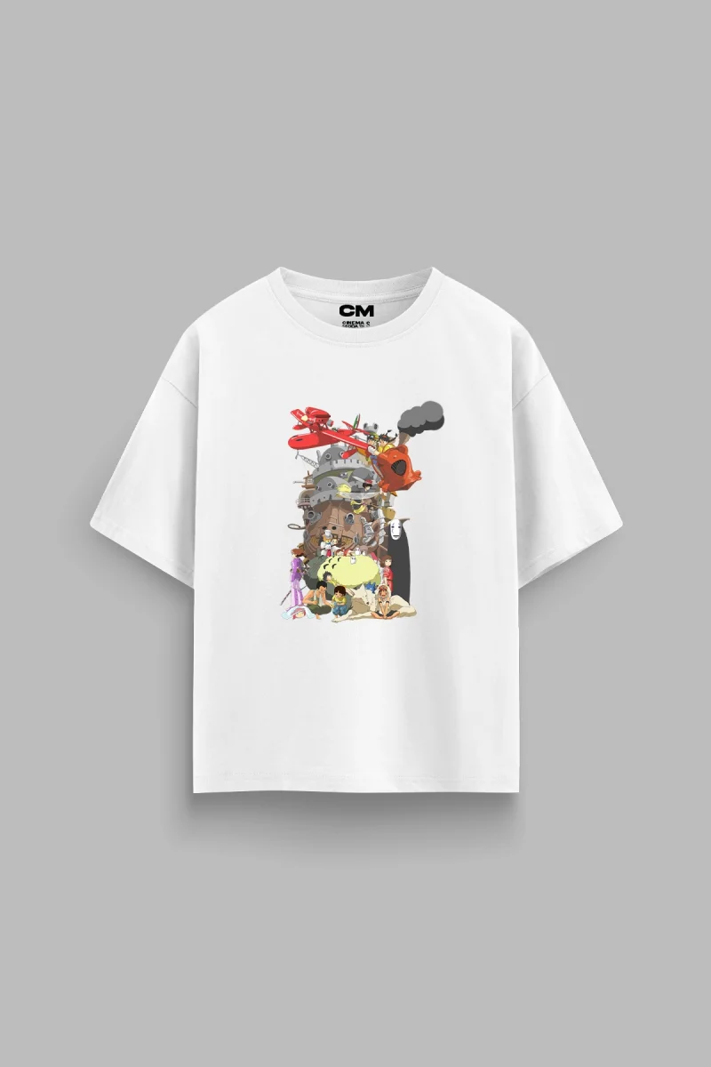 Ghibli Dreams Baskılı Rahat Kalıp 30/1 Unisex Beyaz Tshirt