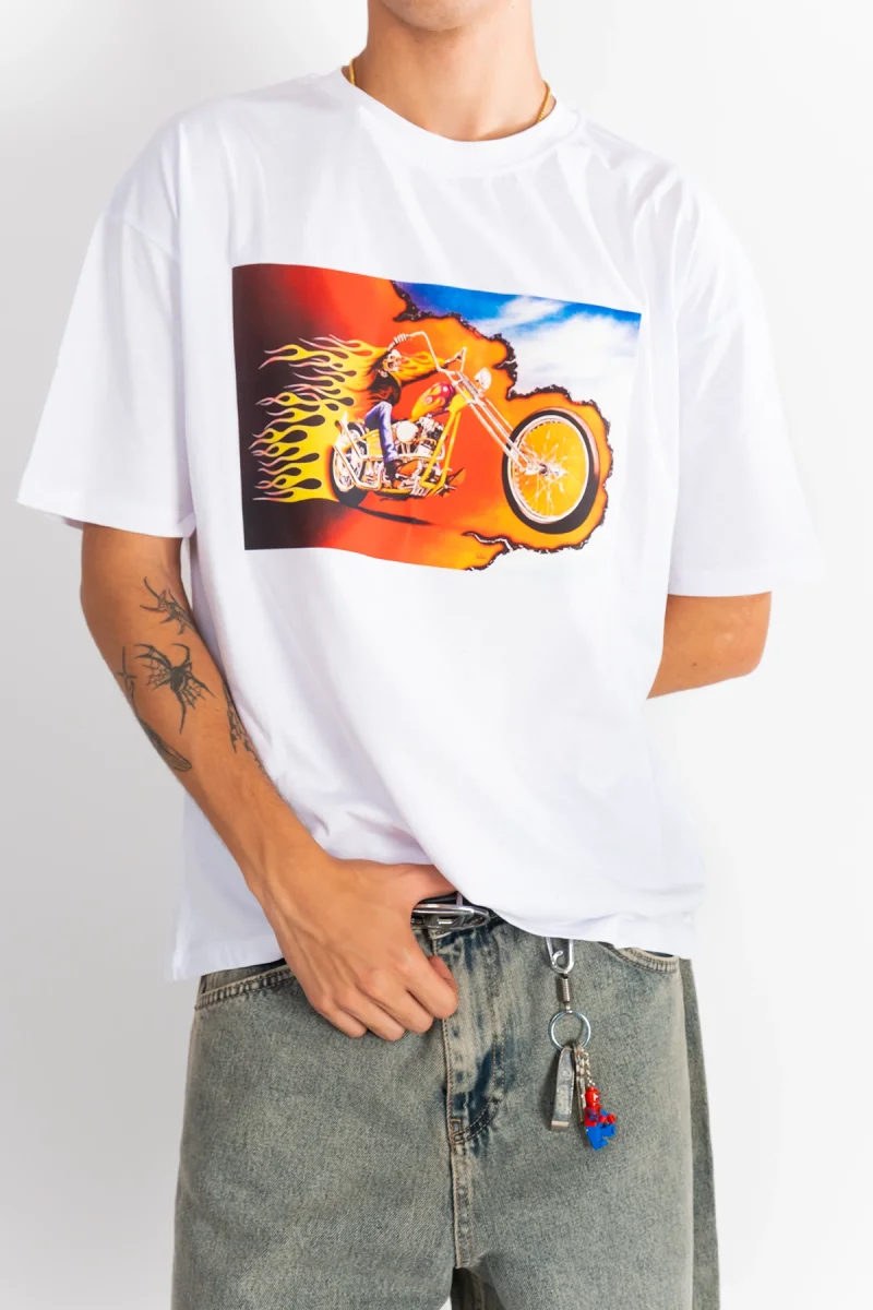 Ghost Rider Baskılı Oversize Unisex Beyaz Tshirt