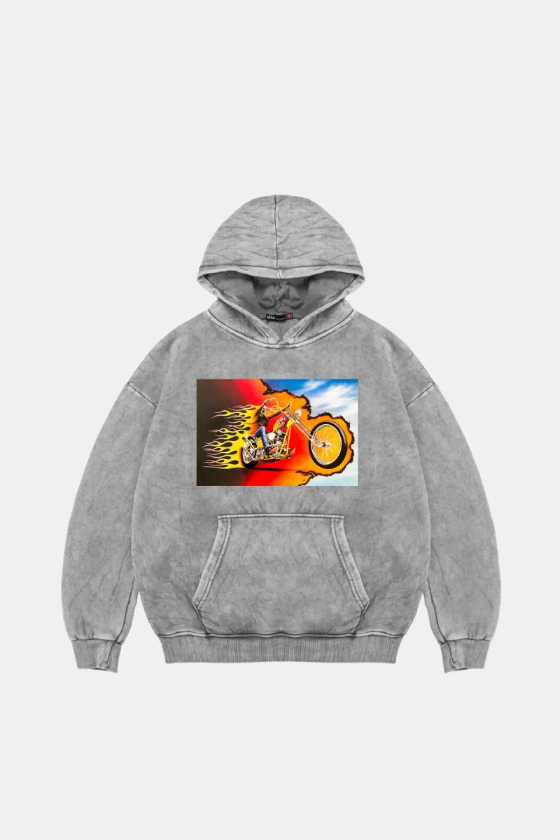 Ghost Rider Baskılı Oversize Unisex Yıkamalı Beyaz Hoodie