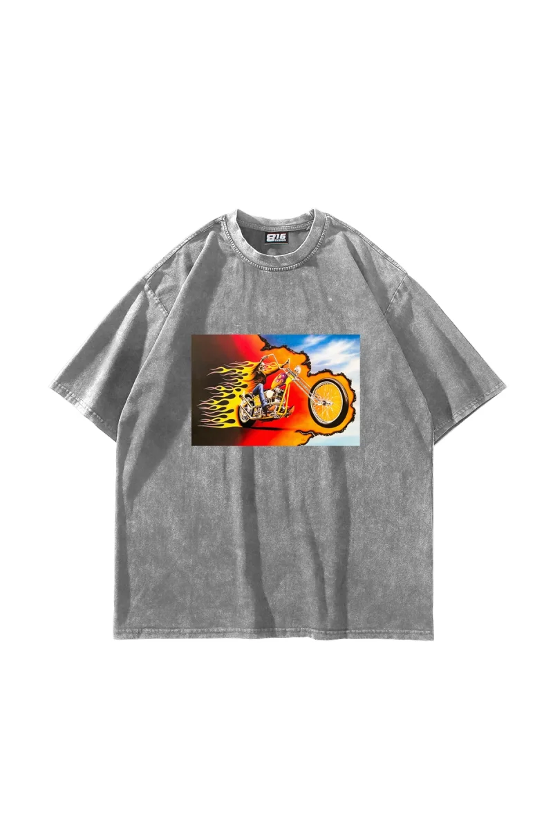 Ghost Rider Baskılı Oversize Unisex Yıkamalı Beyaz Tshirt
