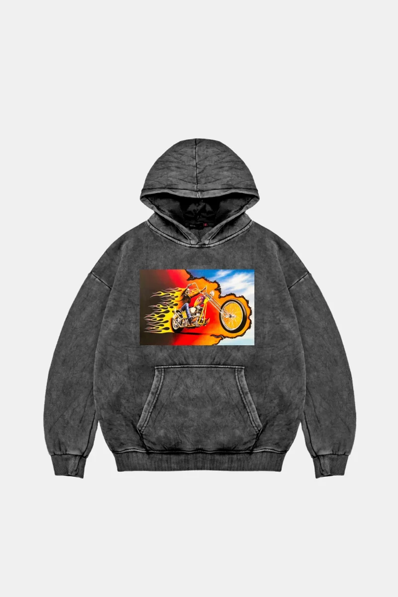 Ghost Rider Baskılı Oversize Unisex Yıkamalı Siyah Hoodie