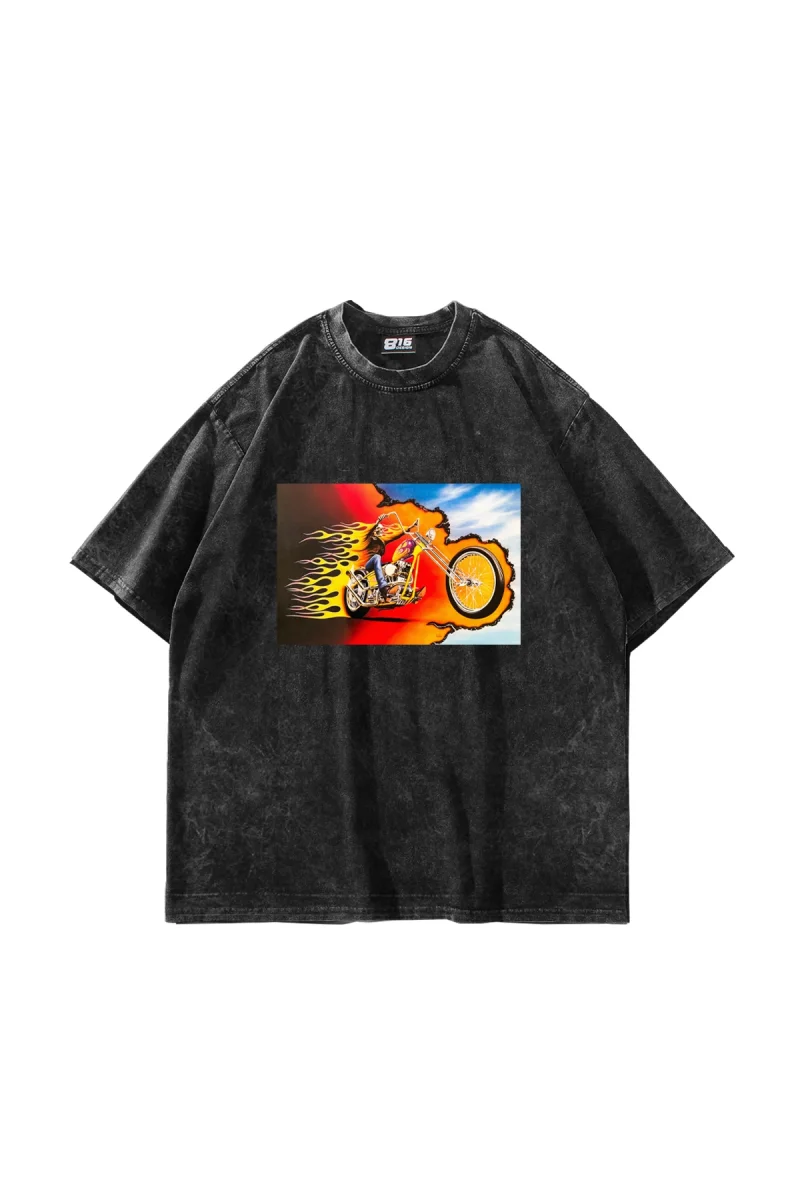 Ghost Rider Baskılı Oversize Unisex Yıkamalı Siyah Tshirt