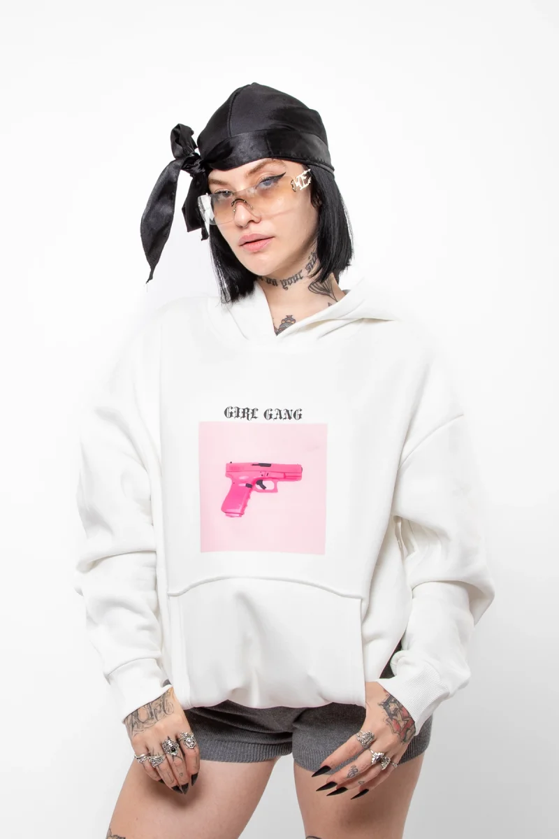Girl Gang Baskılı Oversize Unisex Beyaz Hoodie