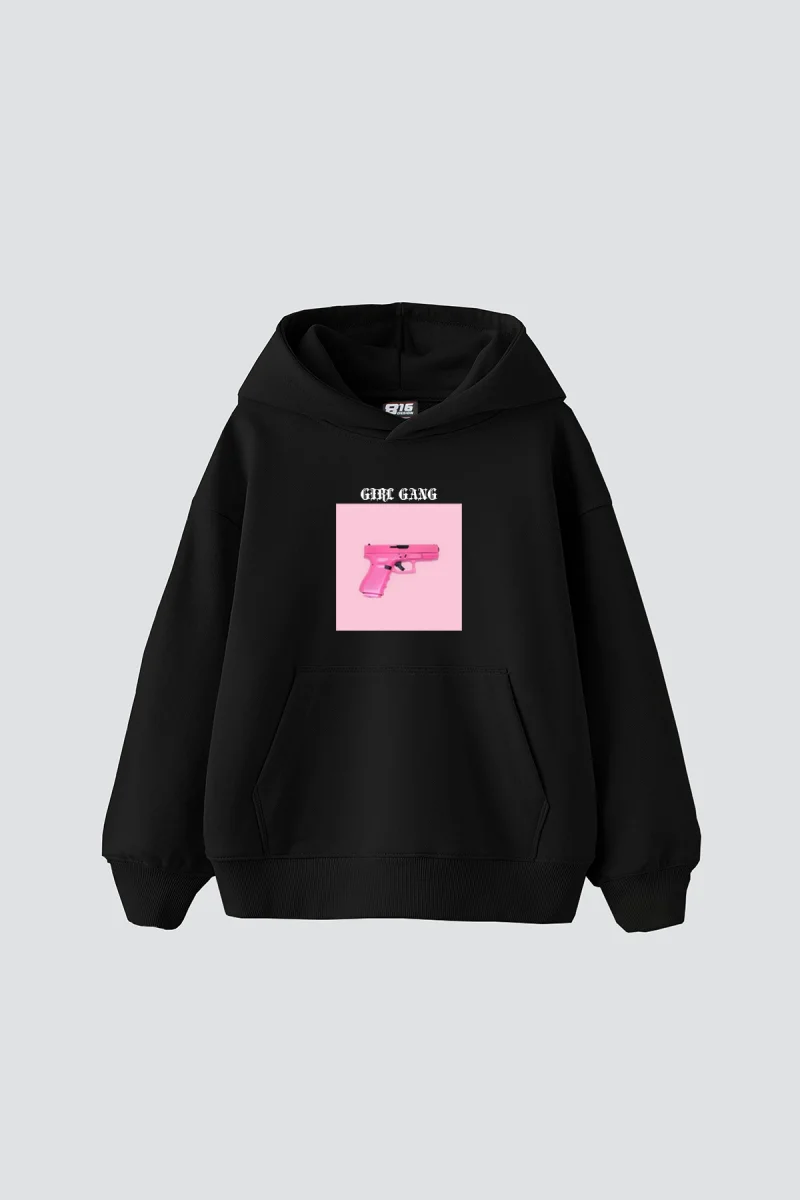 Girl Gang Baskılı Oversize Unisex Siyah Hoodie
