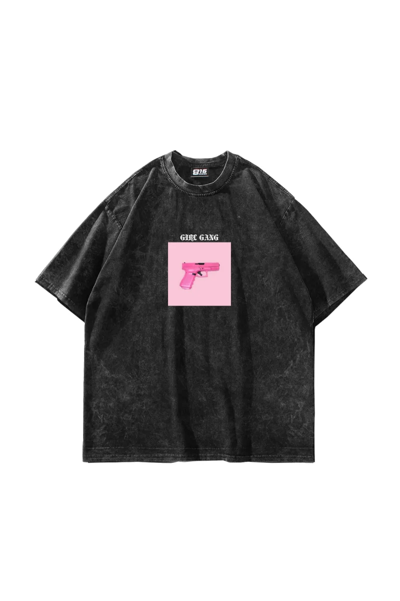 Girl Gang Baskılı Oversize Unisex Yıkamalı Siyah Tshirt