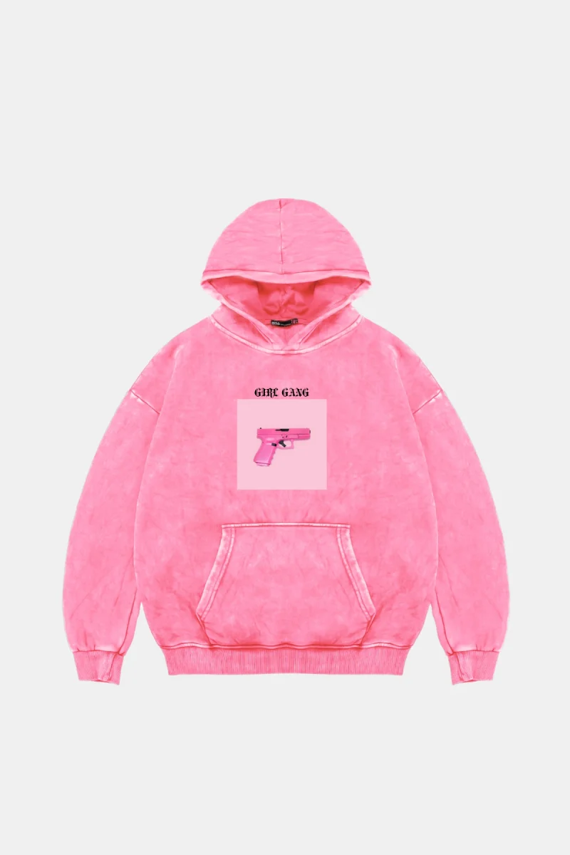 Girl Gang Oversize Unisex Yıkamalı Pembe Hoodie