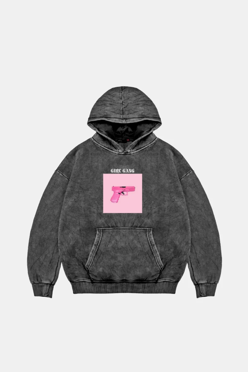 Girl Gang Oversize Unisex Yıkamalı Siyah Hoodie