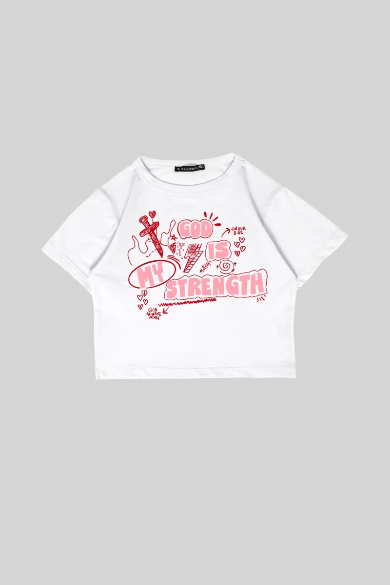 God İs My Strength Baskılı Beyaz Crop Top