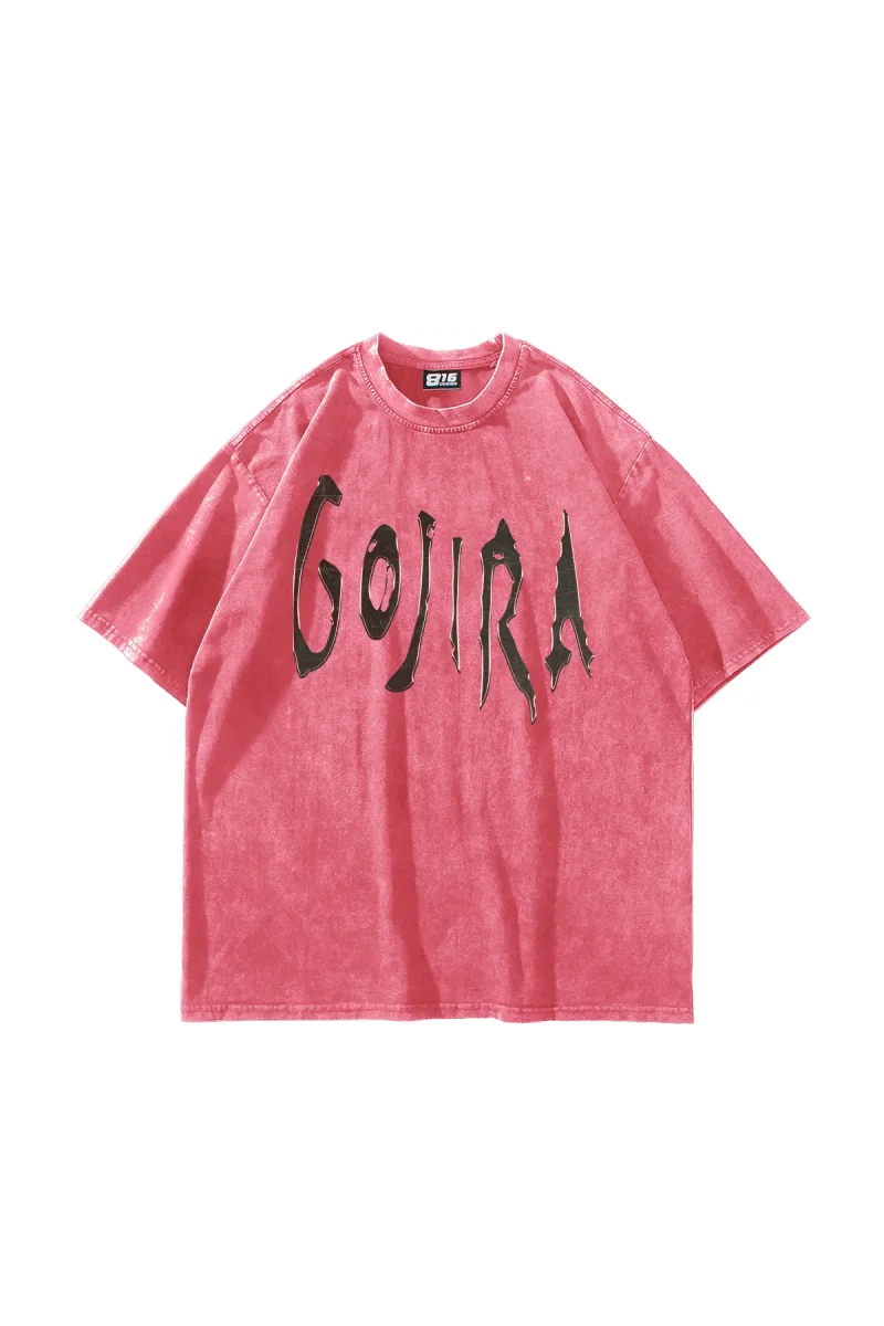 Gojira Baskılı Oversize Unisex Yıkamalı Pembe Tshirt