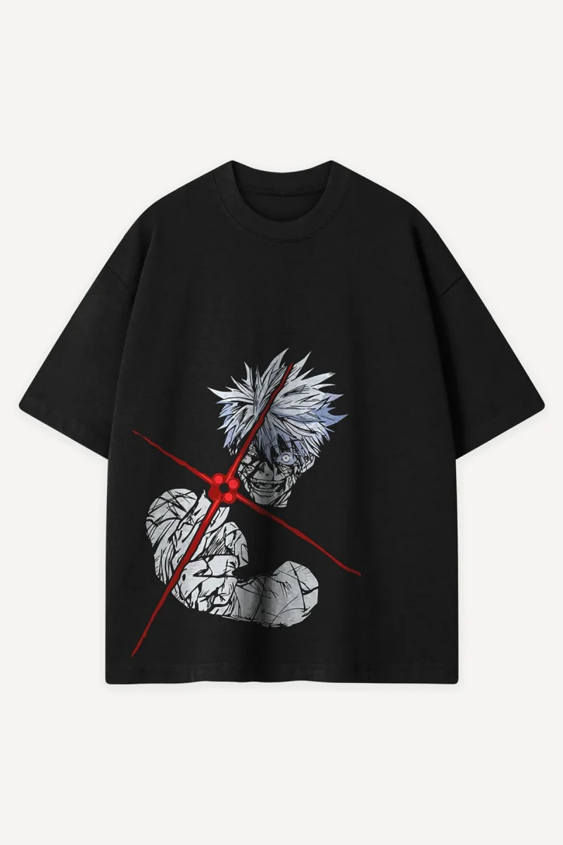 Gojo Satoru Anime Baskılı Siyah Oversize Tshirt