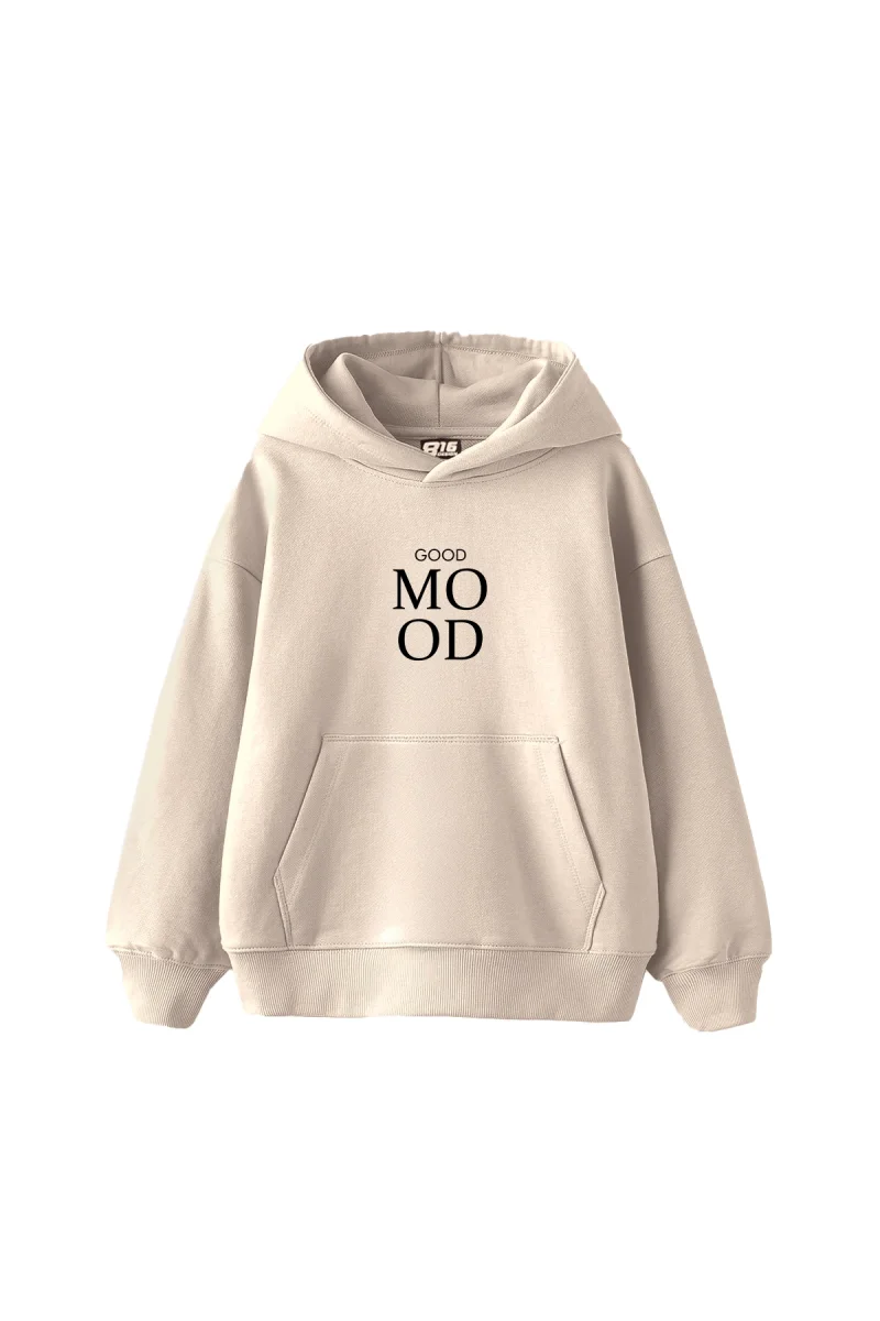 Good Mood Baskılı Oversize Unisex Bej Hoodie