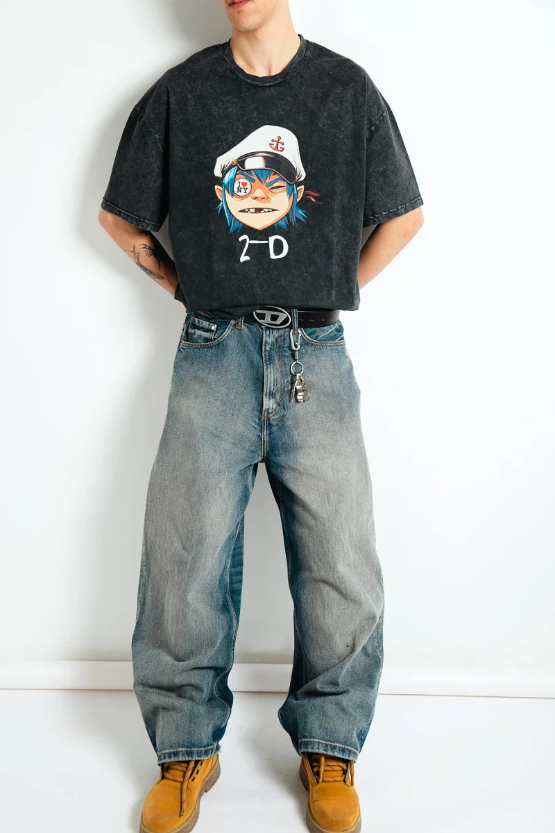 Gorillaz 2-D Baskılı Oversize Unisex Yıkamalı Siyah Tshirt