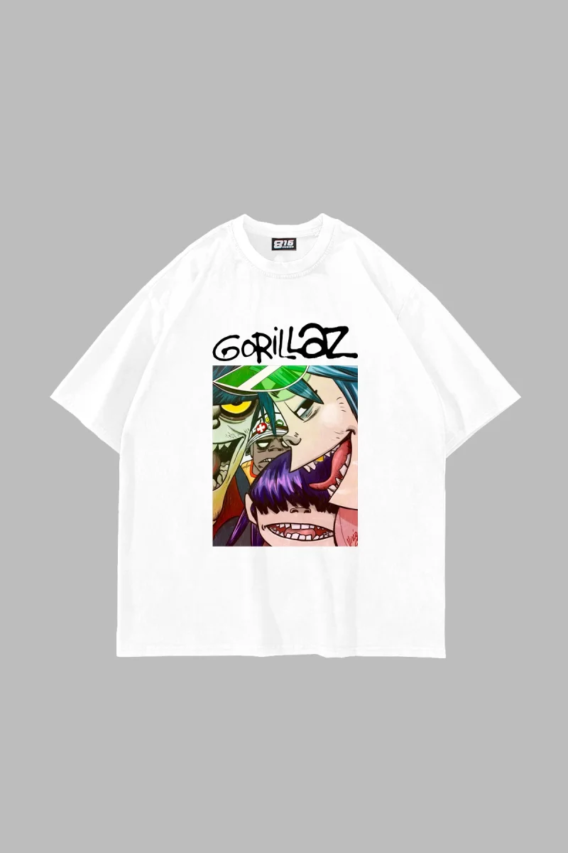 Gorillaz Baskılı Oversize Unisex Beyaz Tshirt