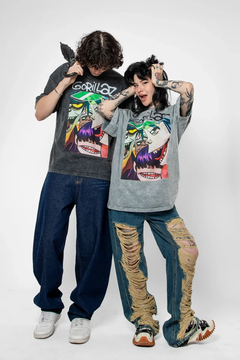 Gorillaz Baskılı Oversize Unisex Yıkamalı Beyaz Tshirt