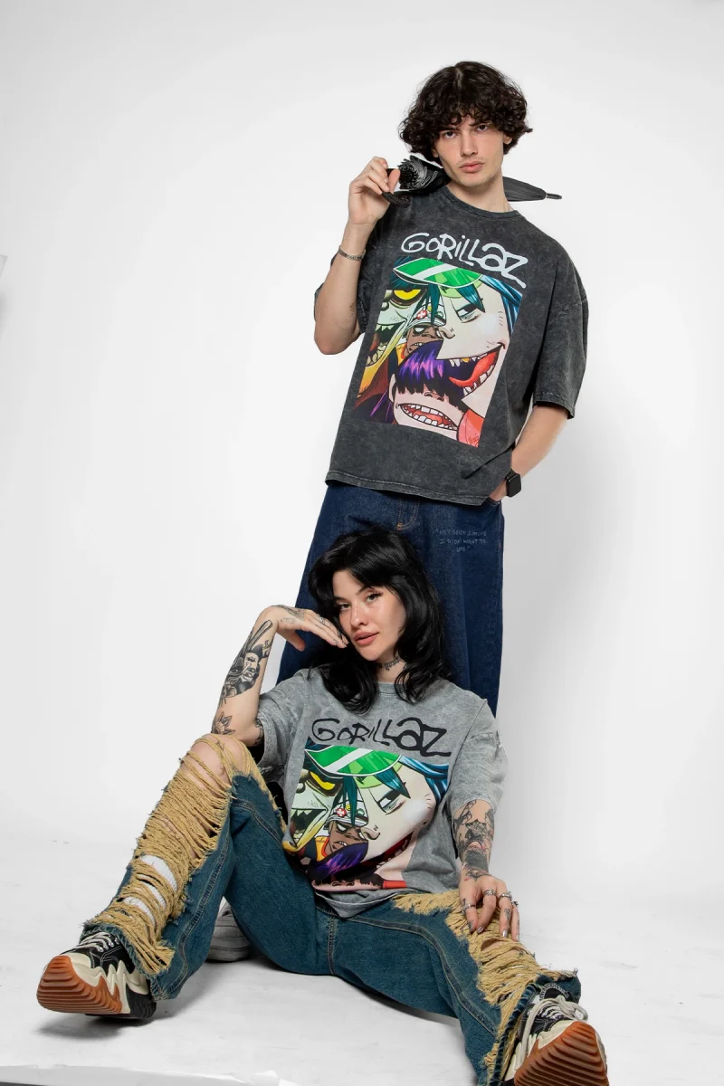 Gorillaz Baskılı Oversize Unisex Yıkamalı Siyah Tshirt