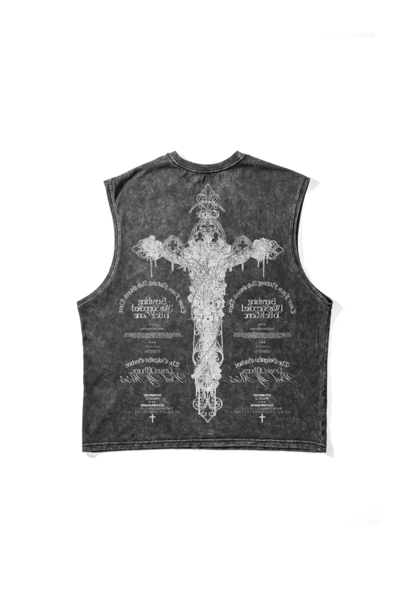 Gotik Haç Baskılı Yıkamalı Siyah Sıfır Kol Tshirt