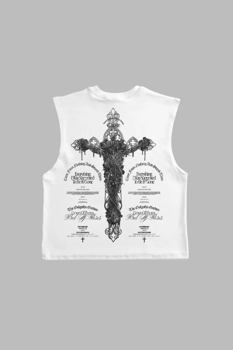 Gotik Haç Sırt Baskılı Beyaz Sıfır Kol Tshirt