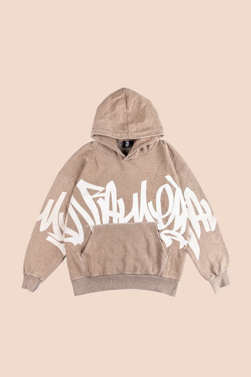 Grafiti Baskılı Yıkamalı Oversize Unisex Kahverengi Hoodie
