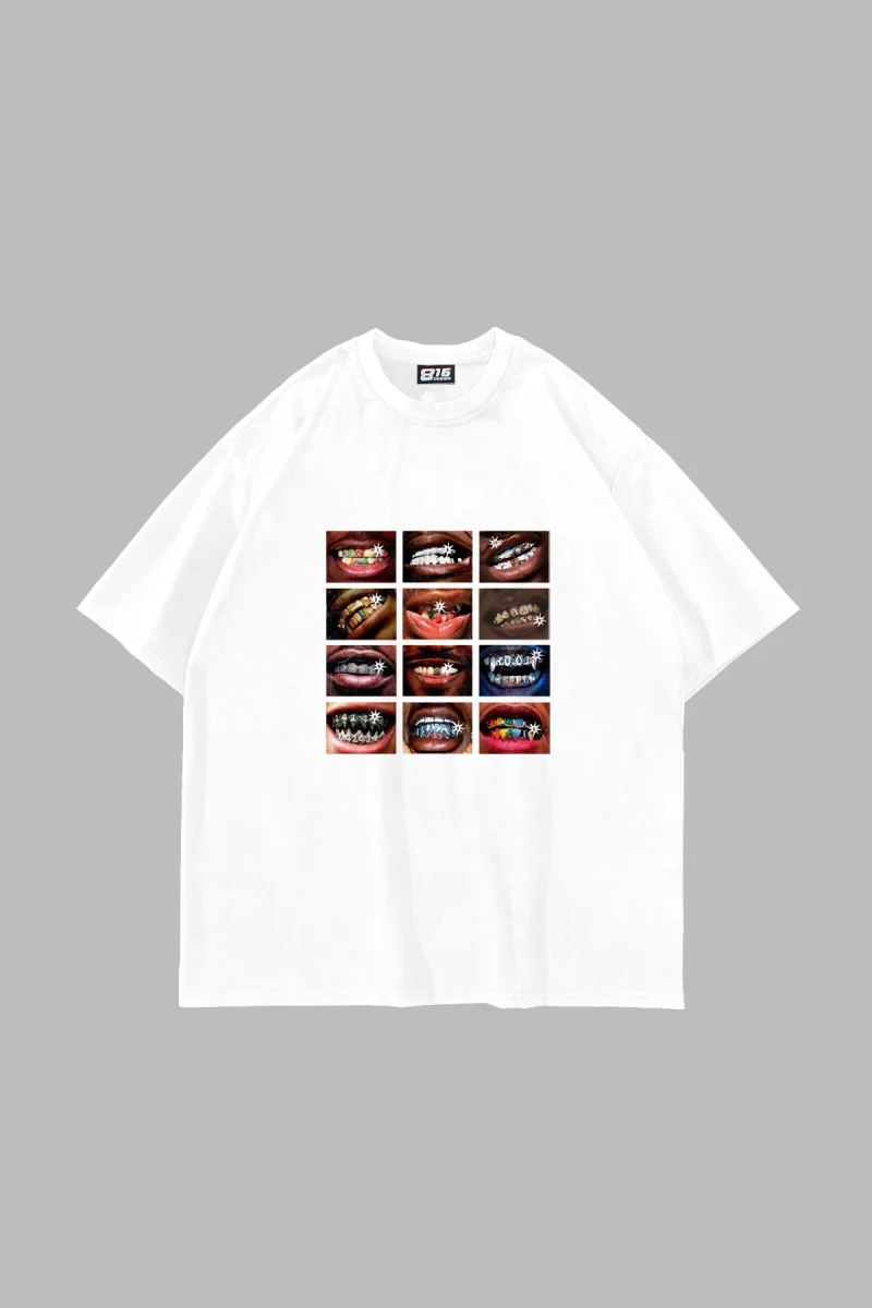 Grillz Baskılı Oversize Unisex Beyaz Tshirt