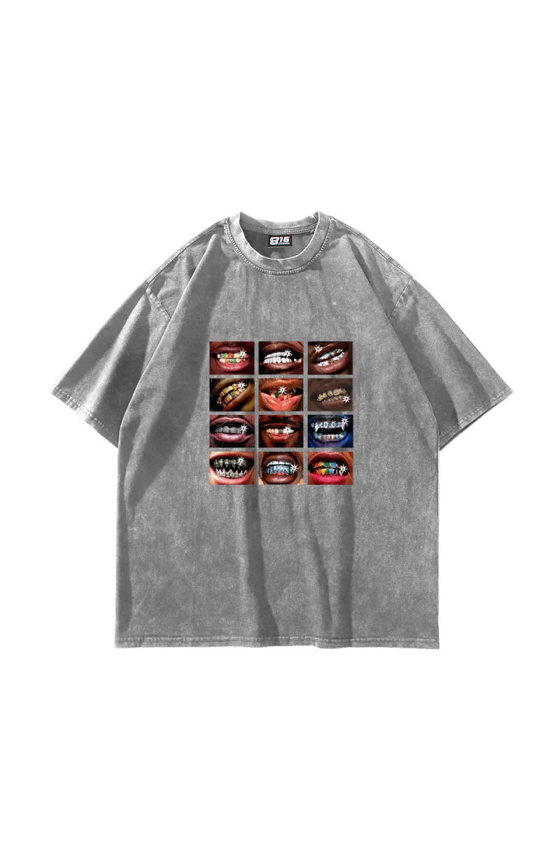 Grillz Baskılı Oversize Unisex Yıkamalı Beyaz Tshirt