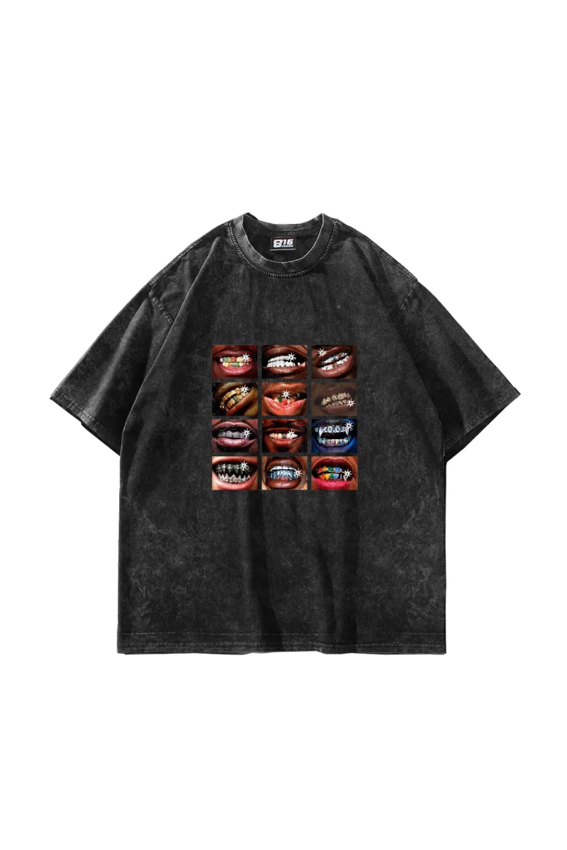 Grillz Baskılı Oversize Unisex Yıkamalı Siyah Tshirt