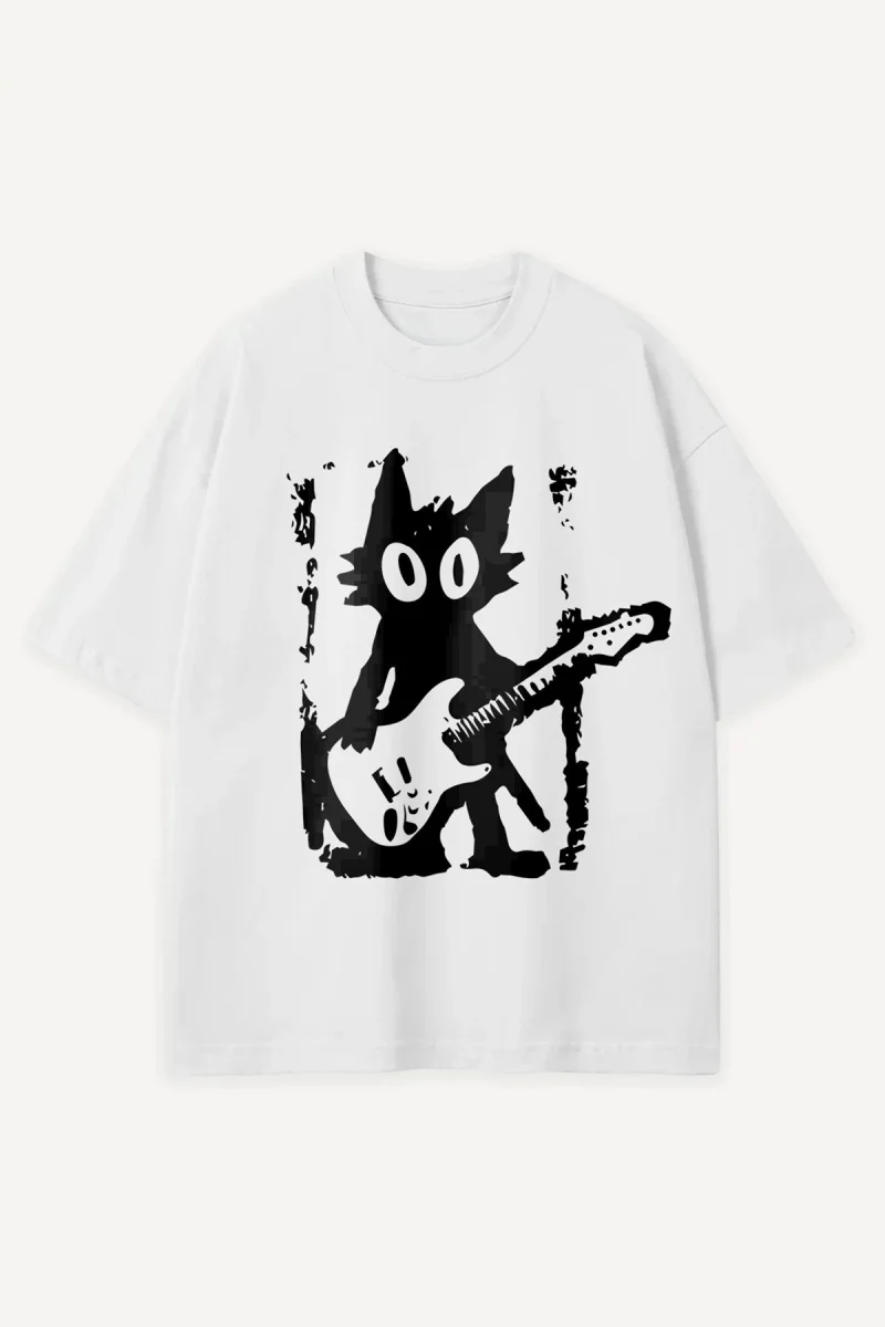 Guitar Cat Baskılı Beyaz Oversize Tshirt