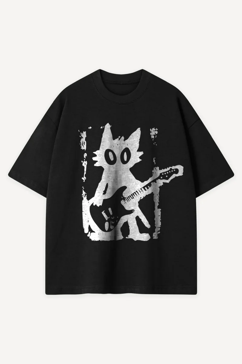Guitar Cat Baskılı Siyah Oversize Tshirt