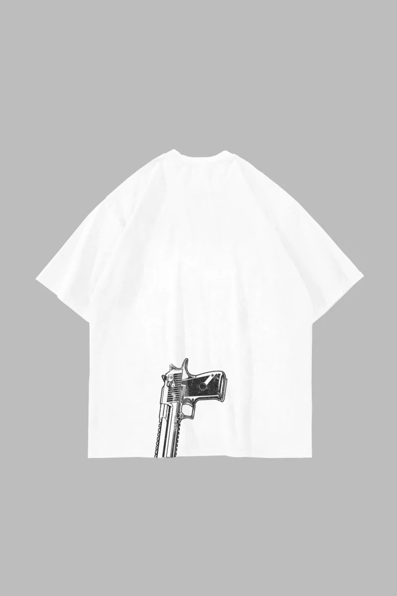 Gun Graphic Baskılı Beyaz Oversize Unisex Tshirt