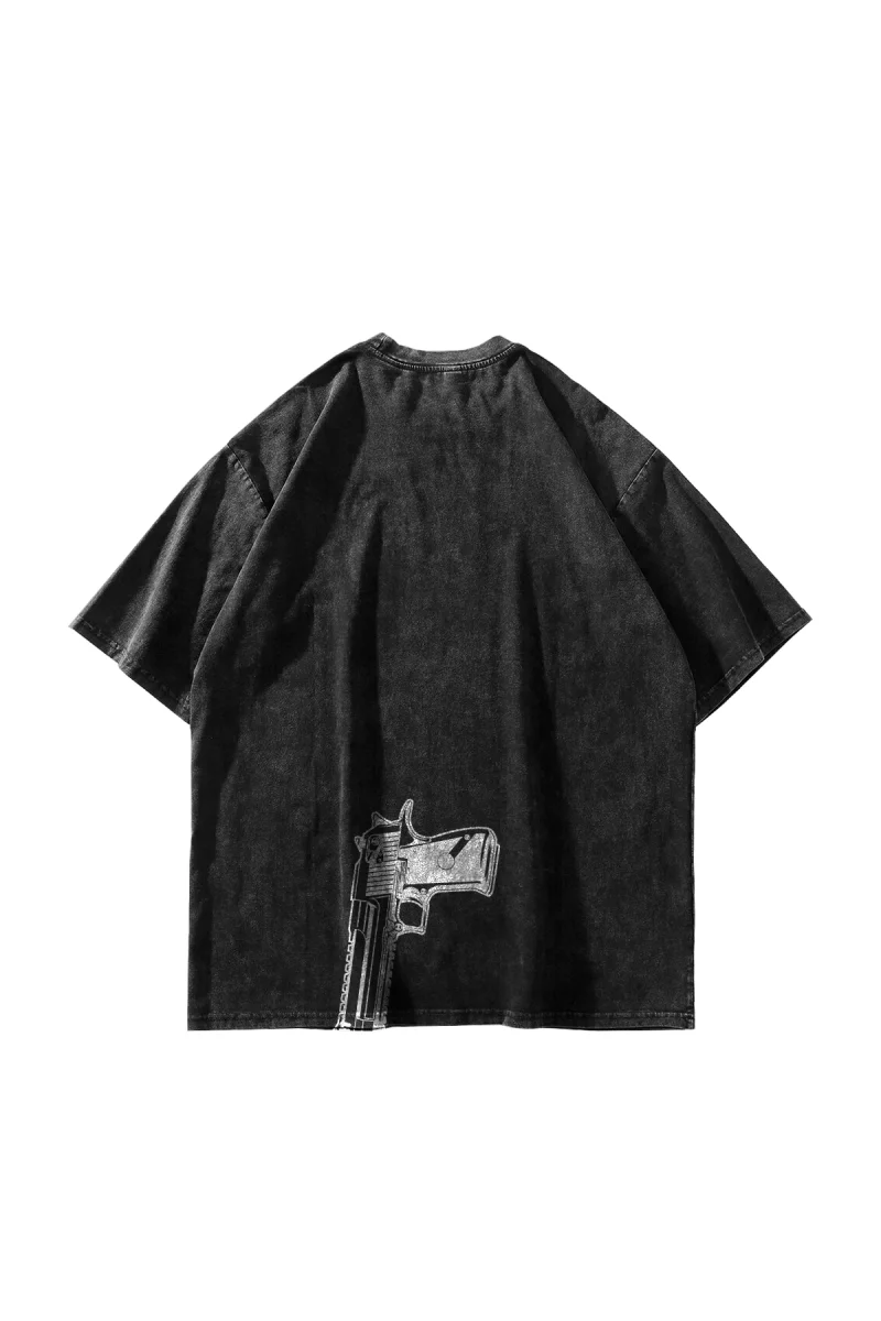 Gun Graphic Baskılı Yıkamalı Siyah Oversize Unisex Tshirt