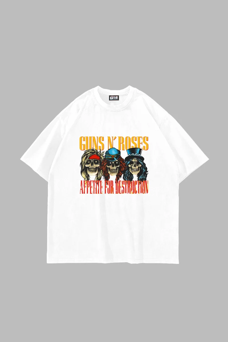 Guns N Roses Destruction Baskılı 24/1 Oversize Unisex Beyaz Tshirt