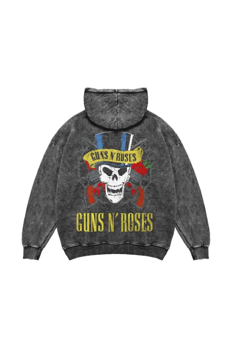 Guns N Roses Baskılı Yıkamalı Siyah Oversize Hoodie