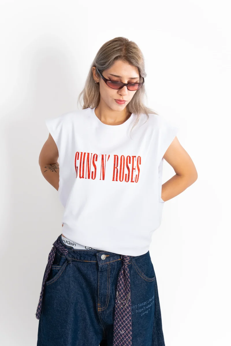Guns N Roses Illusion Baskılı Beyaz Sıfır Kol Tshirt