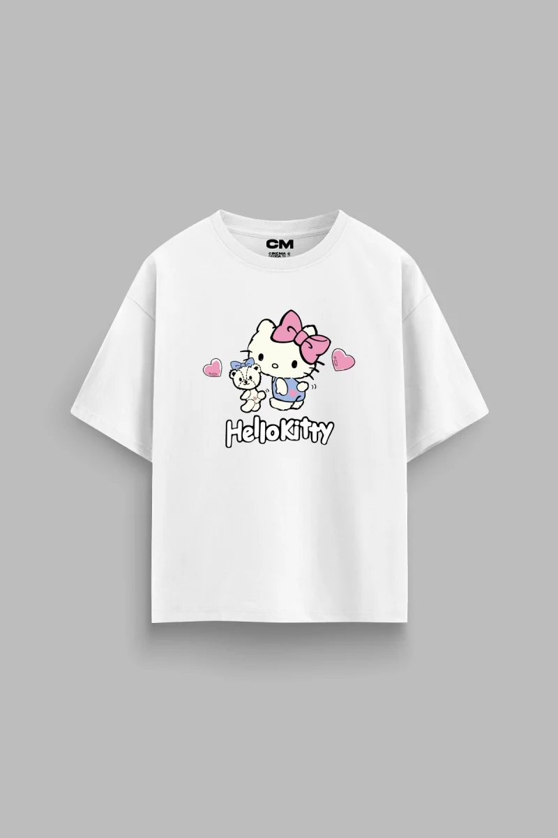 H. Kitty Baskılı Rahat Kalıp 30/1 Unisex Beyaz Tshirt